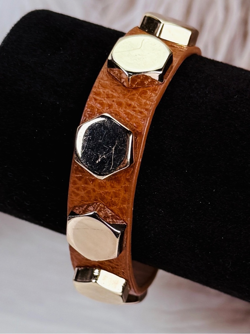 Studded Brown Cognac Leather Bracelet with Gold-Tone Hex Studs